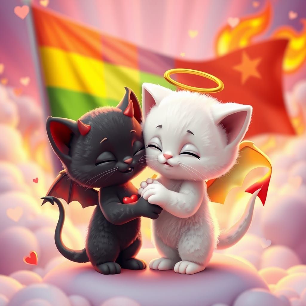 Gay Kitten Couple: God and Devil in Cartoon Style