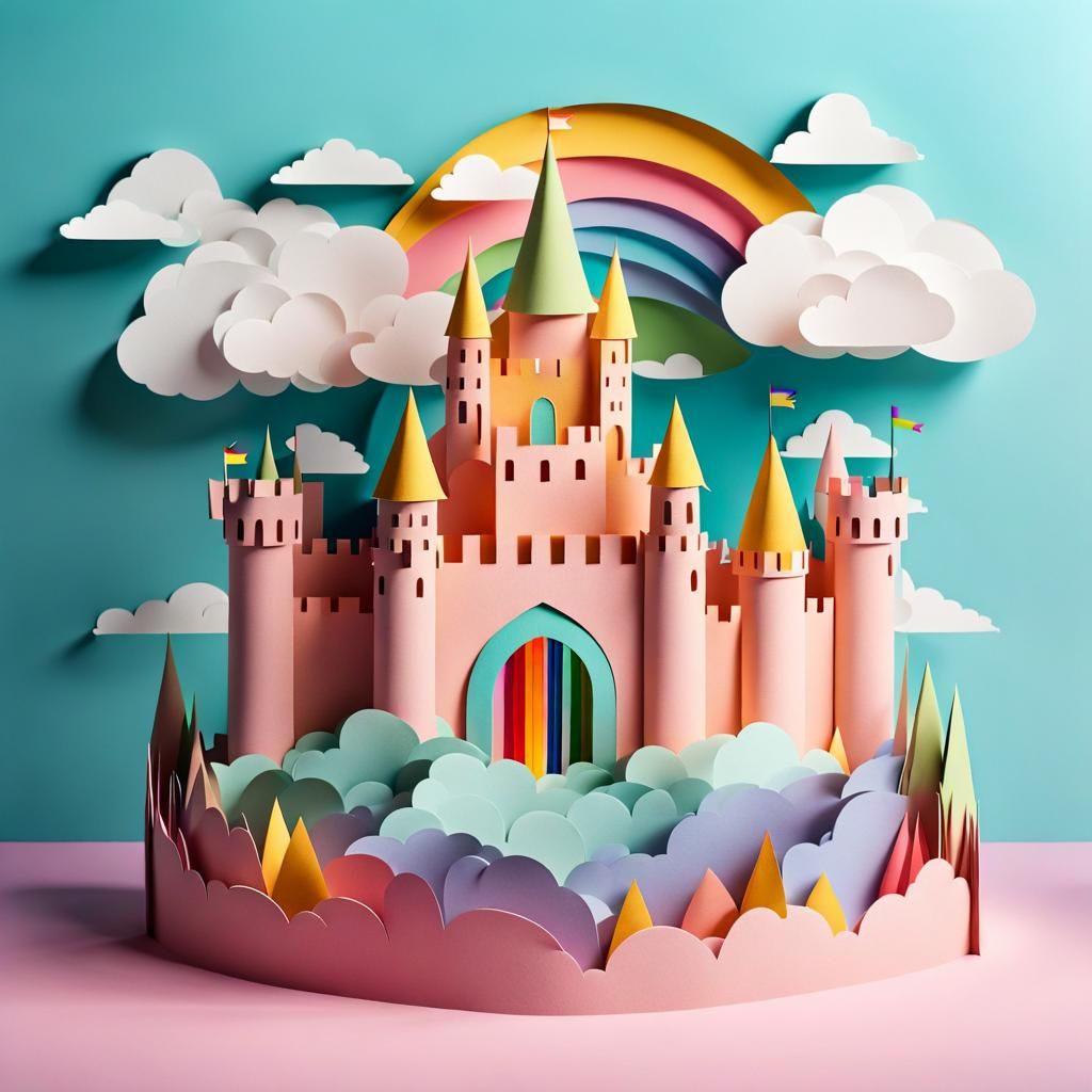 3D pop up layered paper Castle with a rainbow & dragons & un...