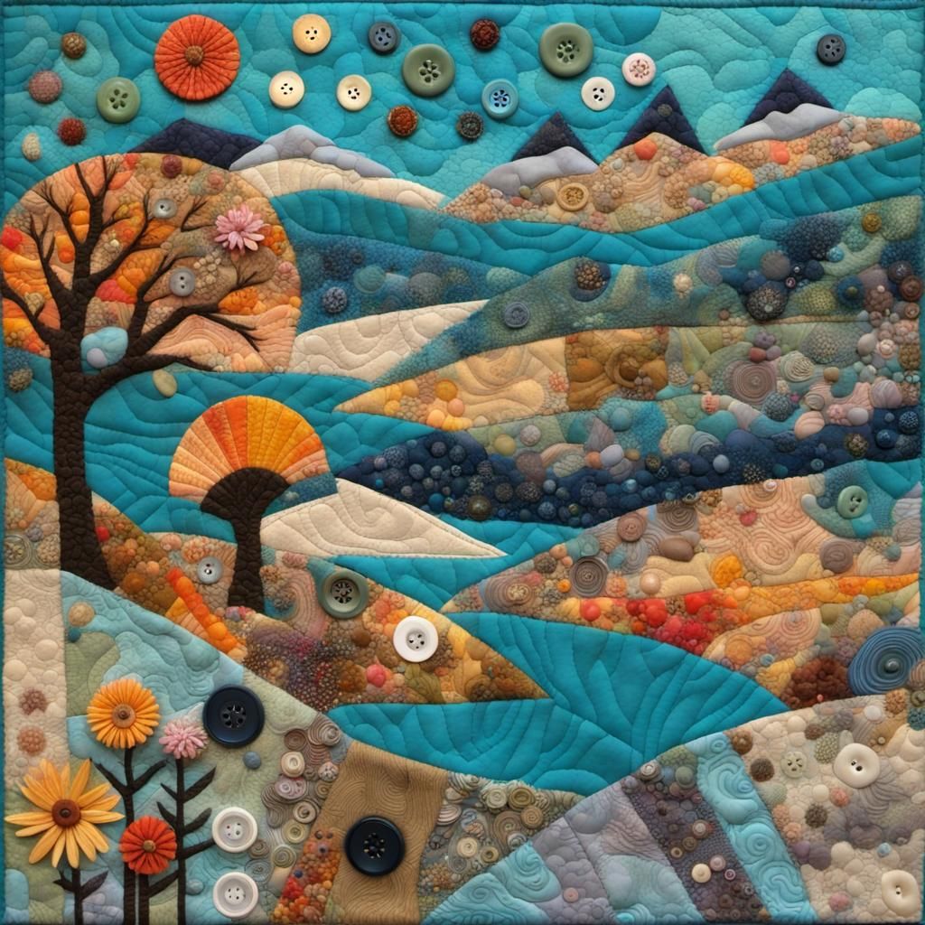 Primitive Mountainscape Quilt in Mixed Media