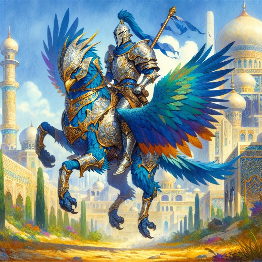 Armored Knight Rides Bird Through Fantasy City
