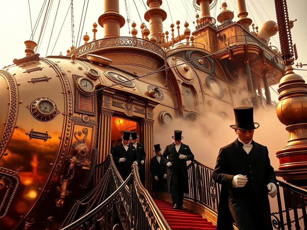 Steampunk Airship with Victorian Passengers in Hyper-Detaile...