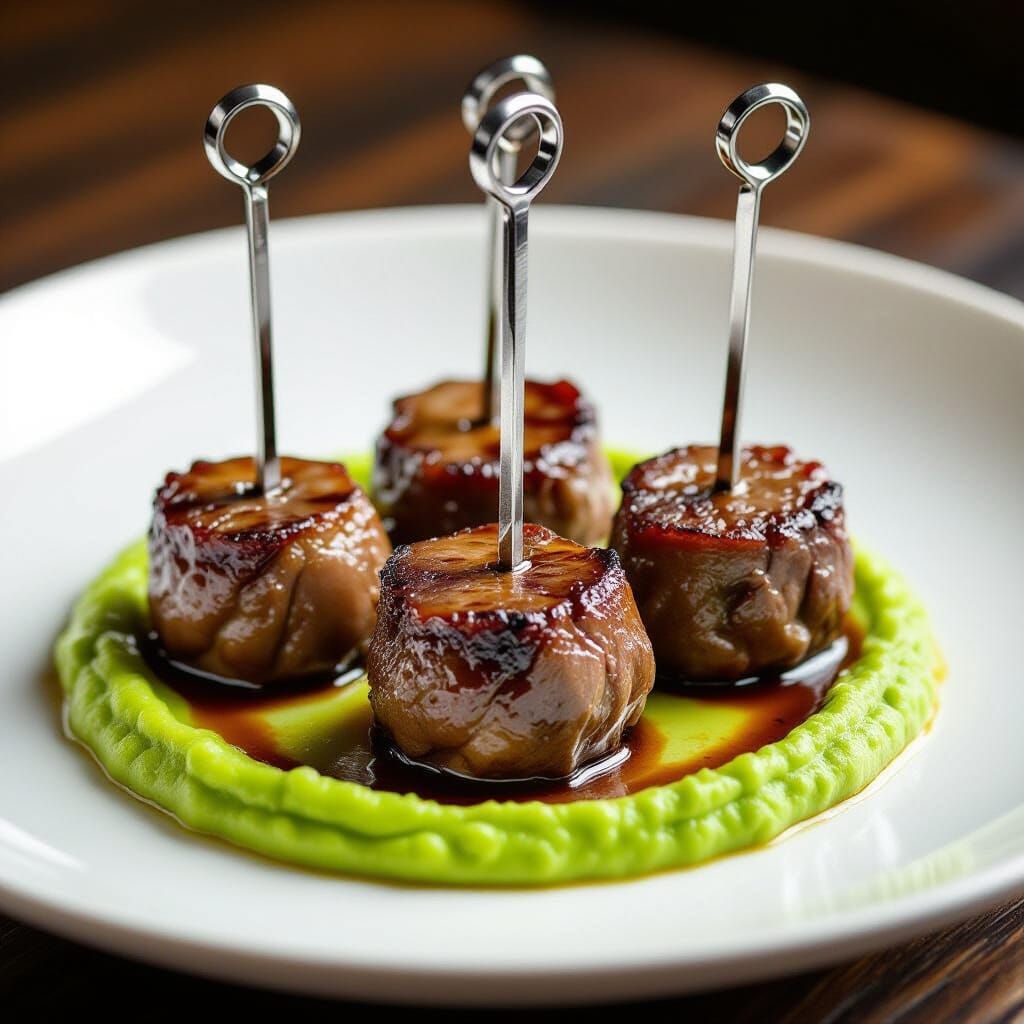 Lamb Chunks with Skewers on Pea Puree