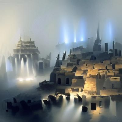 An ancient city shrouded in mist concept art volumetric ligh...