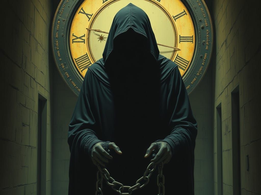 Eerie Cloaked Figure with Sundial, Junji Ito Style