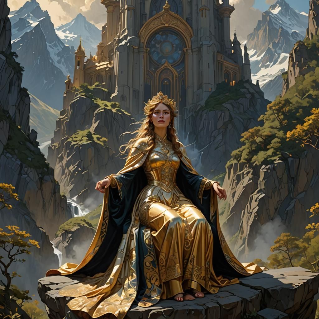Ethereal Goddess Reigns from Golden Throne