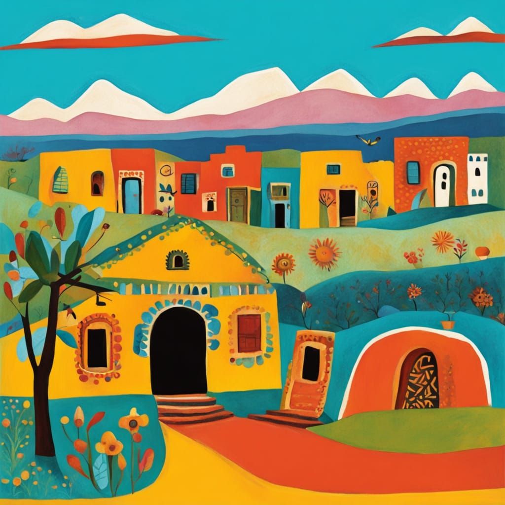 Vibrant Mexican Village in Naive Folk Art Style