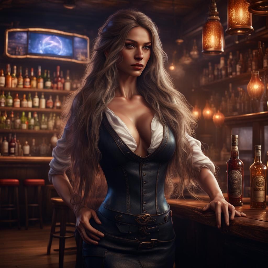 Attractive Barmaid in a Fantasy Art Style