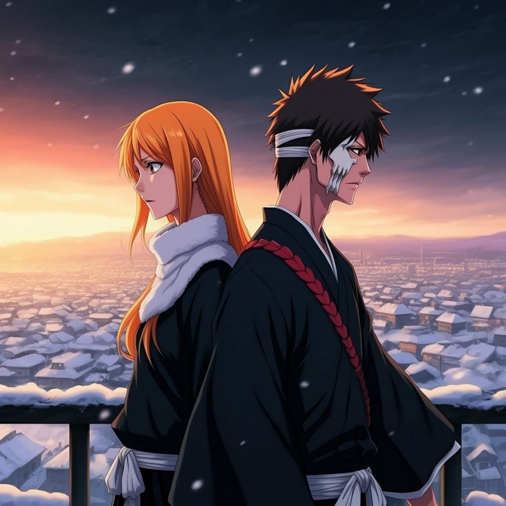 Ichigo and Orihime in Haunting Anime Landscape
