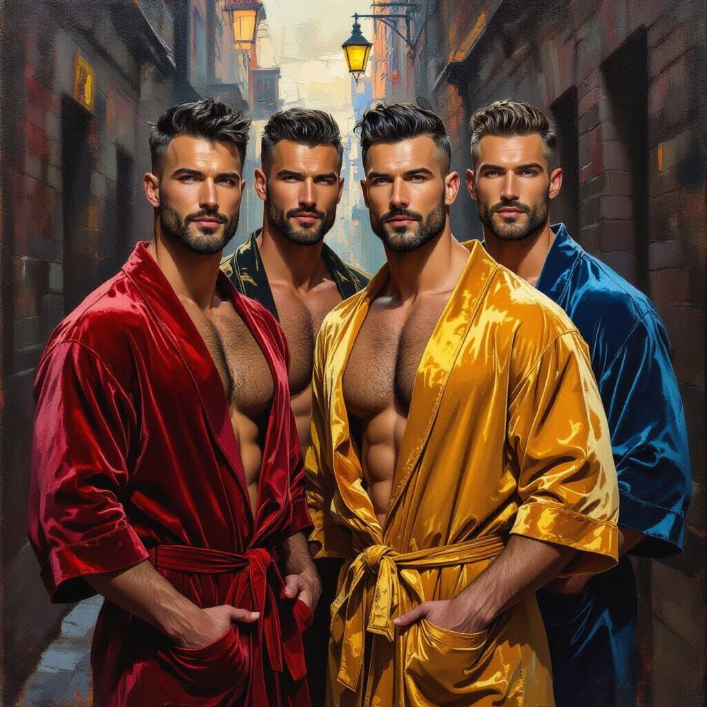 Muscular Men in Velvet Robes, Gouache Style