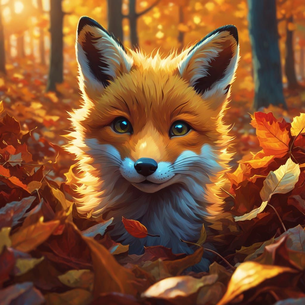 Fox Cub Playing in Autumn Leaves Oil Painting