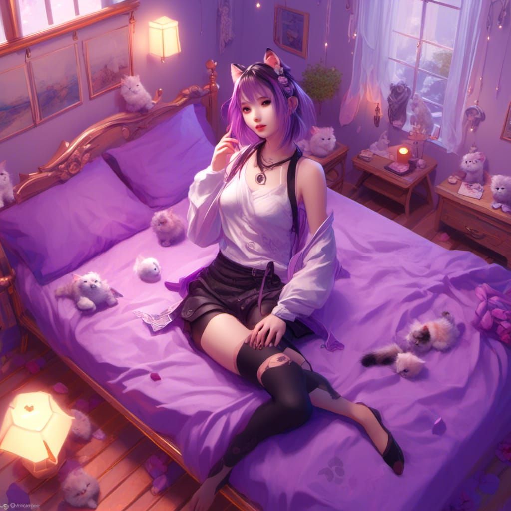 Calico Kitten on Purple Bed: 3D Anime Art