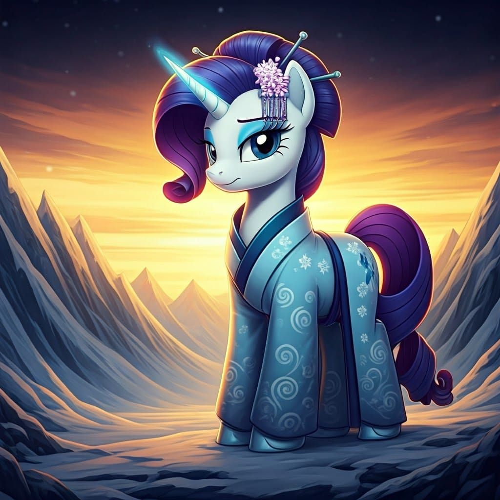 Ethereal Unicorn Goddess in Snowy Kimono, Frosty Mountains