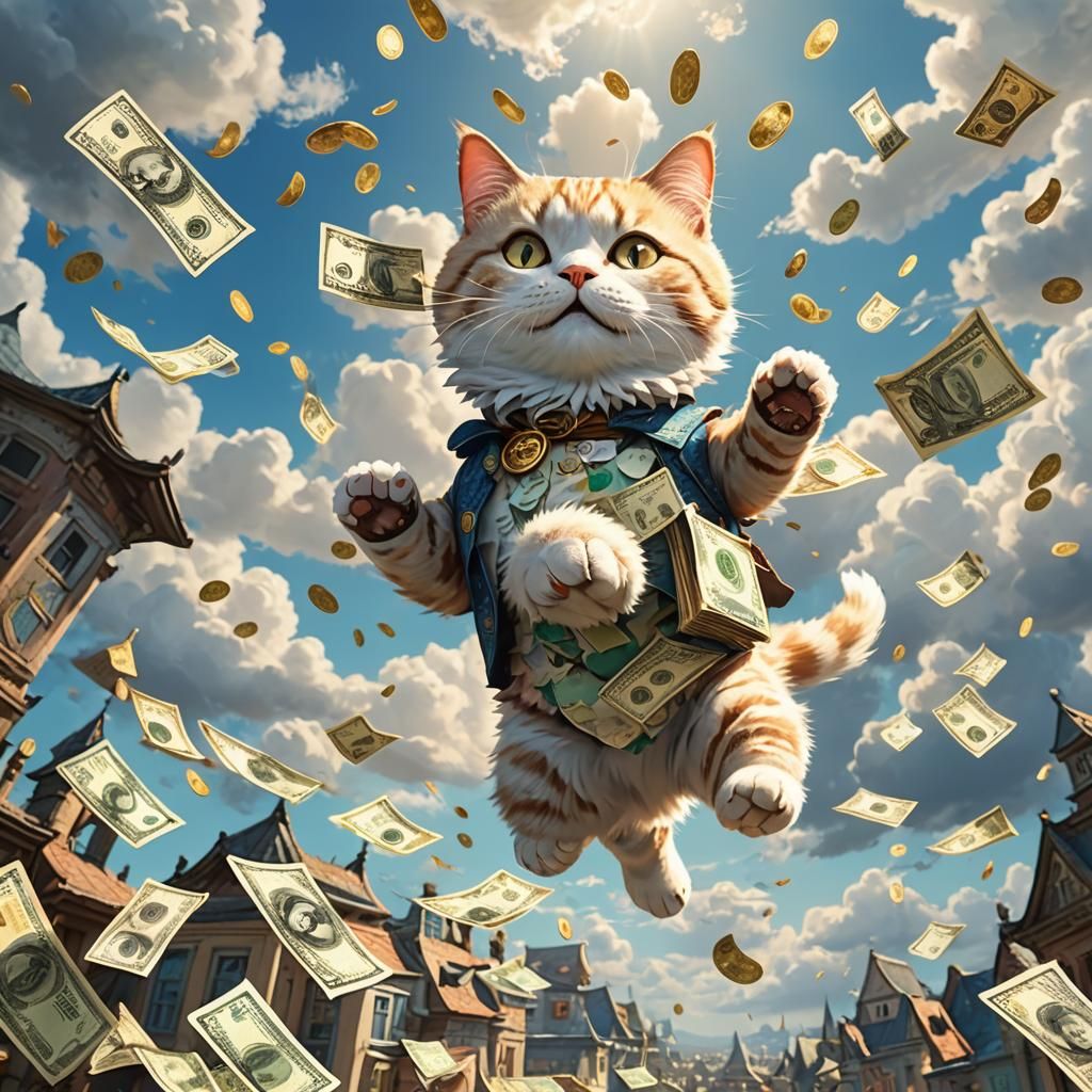 Flying Cat with Money in Miyazaki-esque Fantasy Style