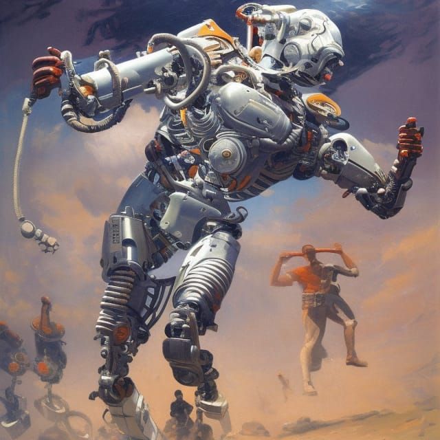 Humorous Cyborg in Comedy Show, Oil Painting