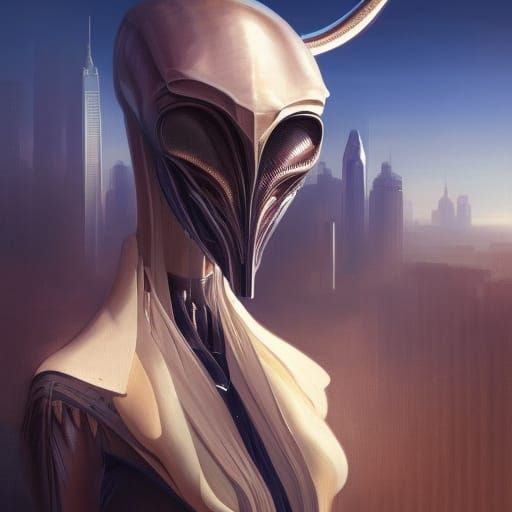 Detailed Alien Humanoid Portrait in Cityscape