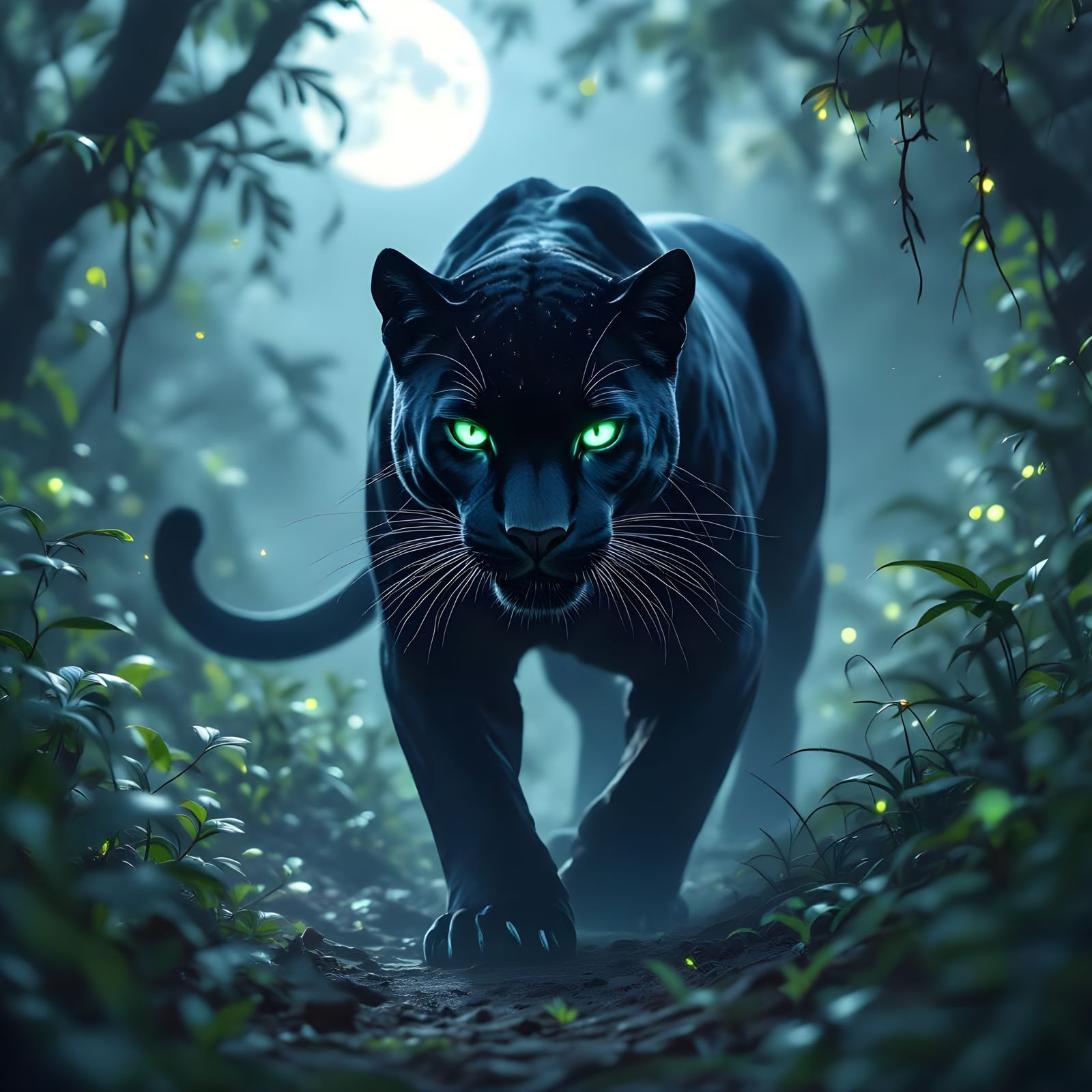 Black Panther Prowls Moonlit Jungle in Dark Fantasy Style