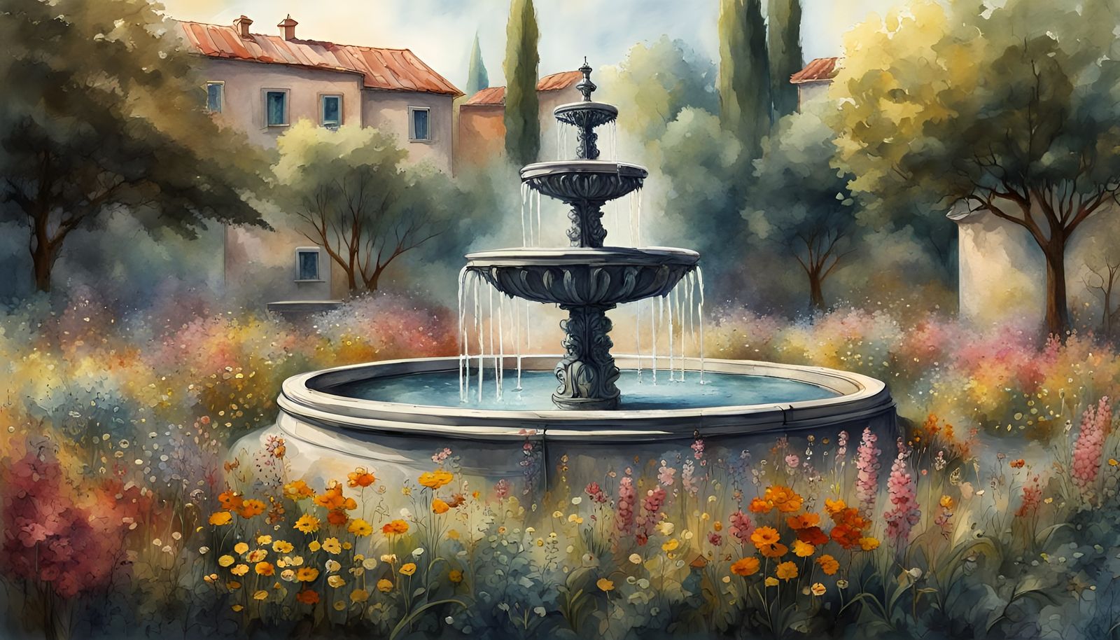 Italian Fountain with Wildflowers in Steampunk Watercolor St...