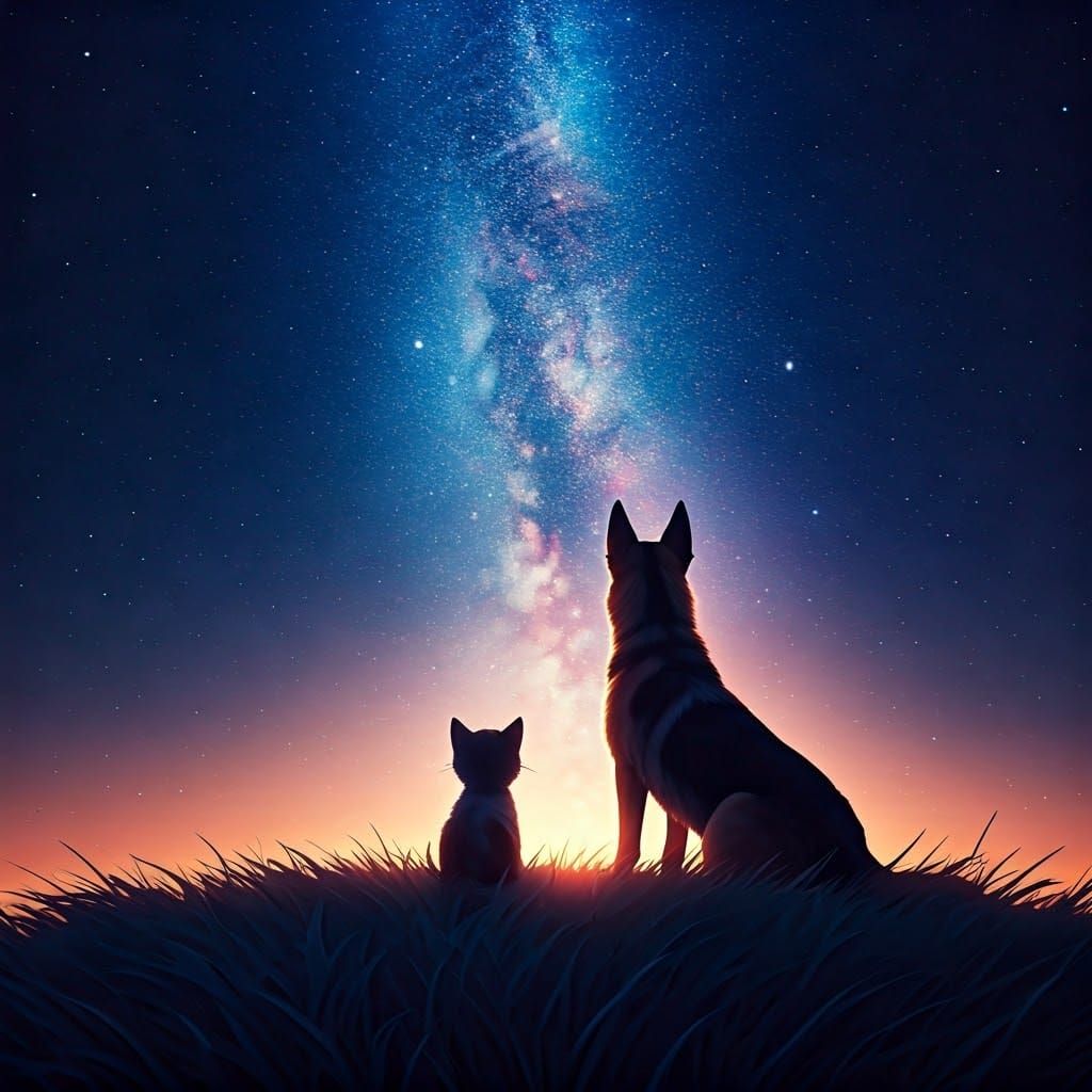 Intimate Stargazing Moment Between Furry Friends in a Dreamy...