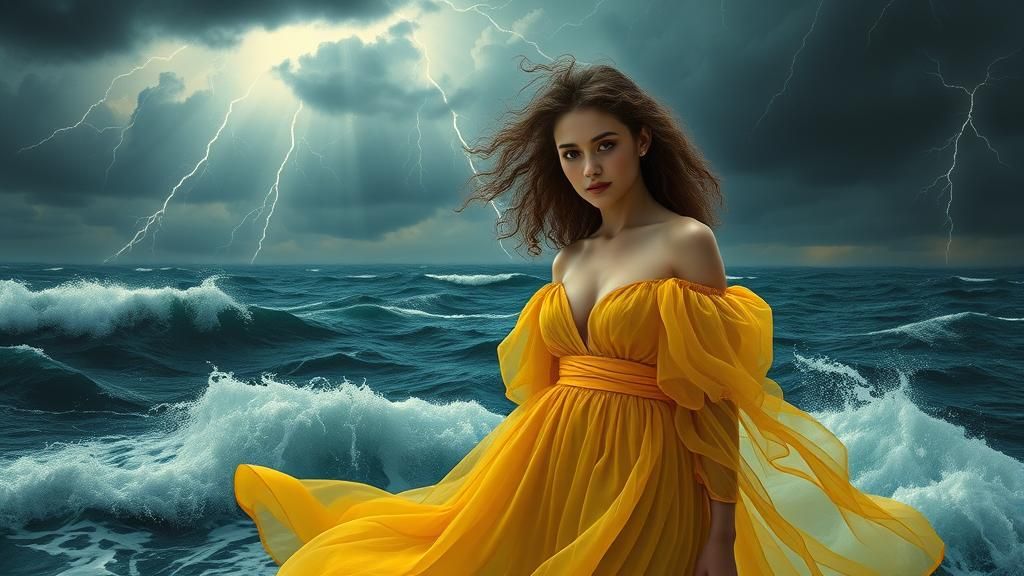 Woman in Yellow Dress at Stormy Sea, Digital Painting