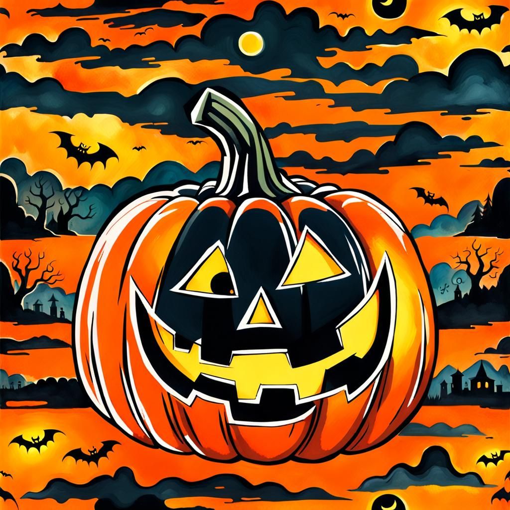 Halloween Pumpkin with Ghost in Watercolor and Oil