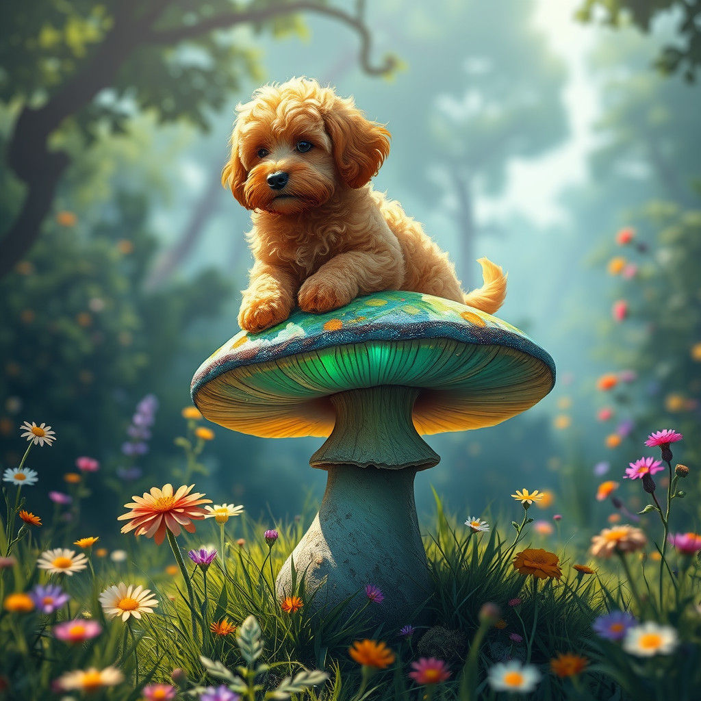 Golden Doodle on Glowing Mushroom, Fantasy Art