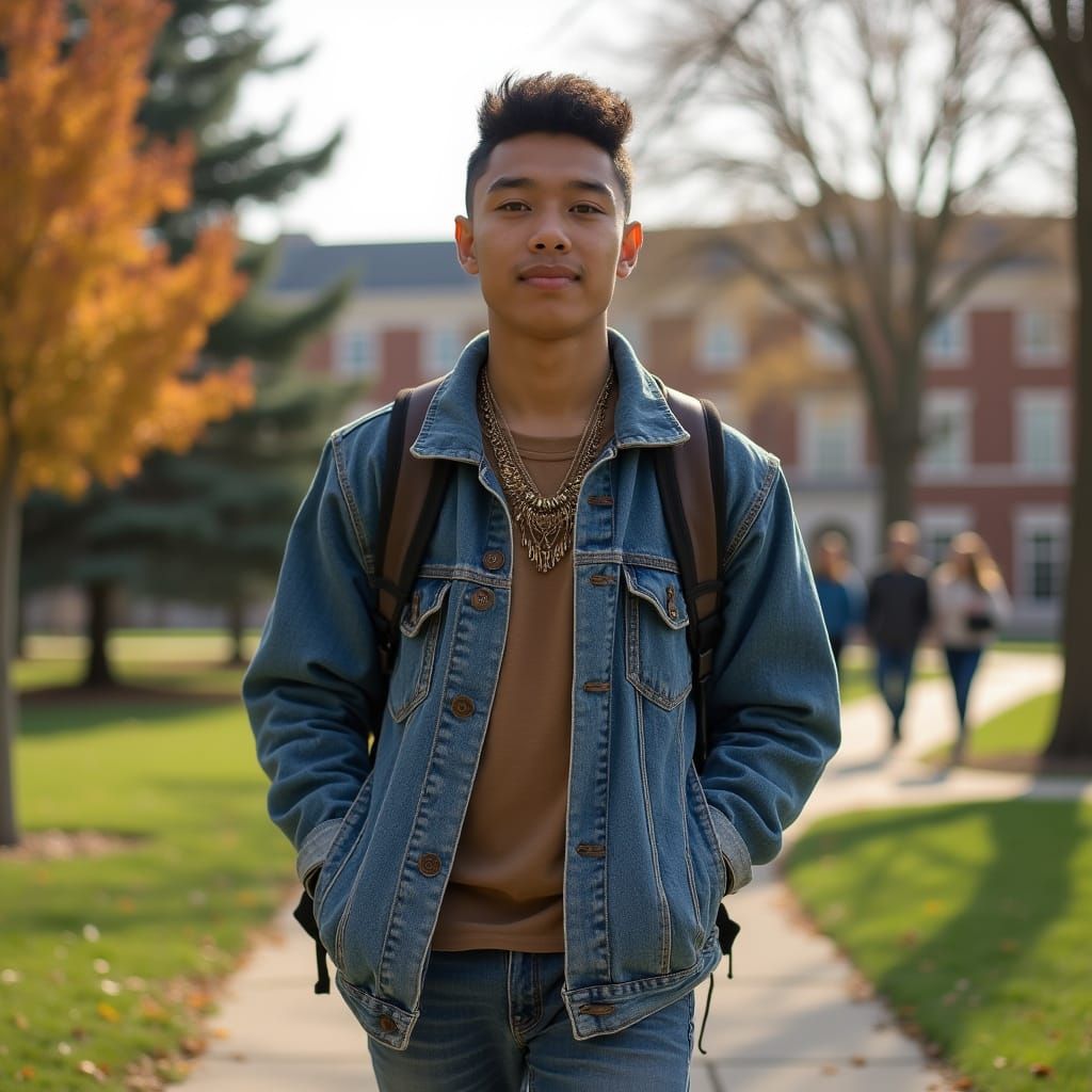 Native American Man on University Quad in Autumn