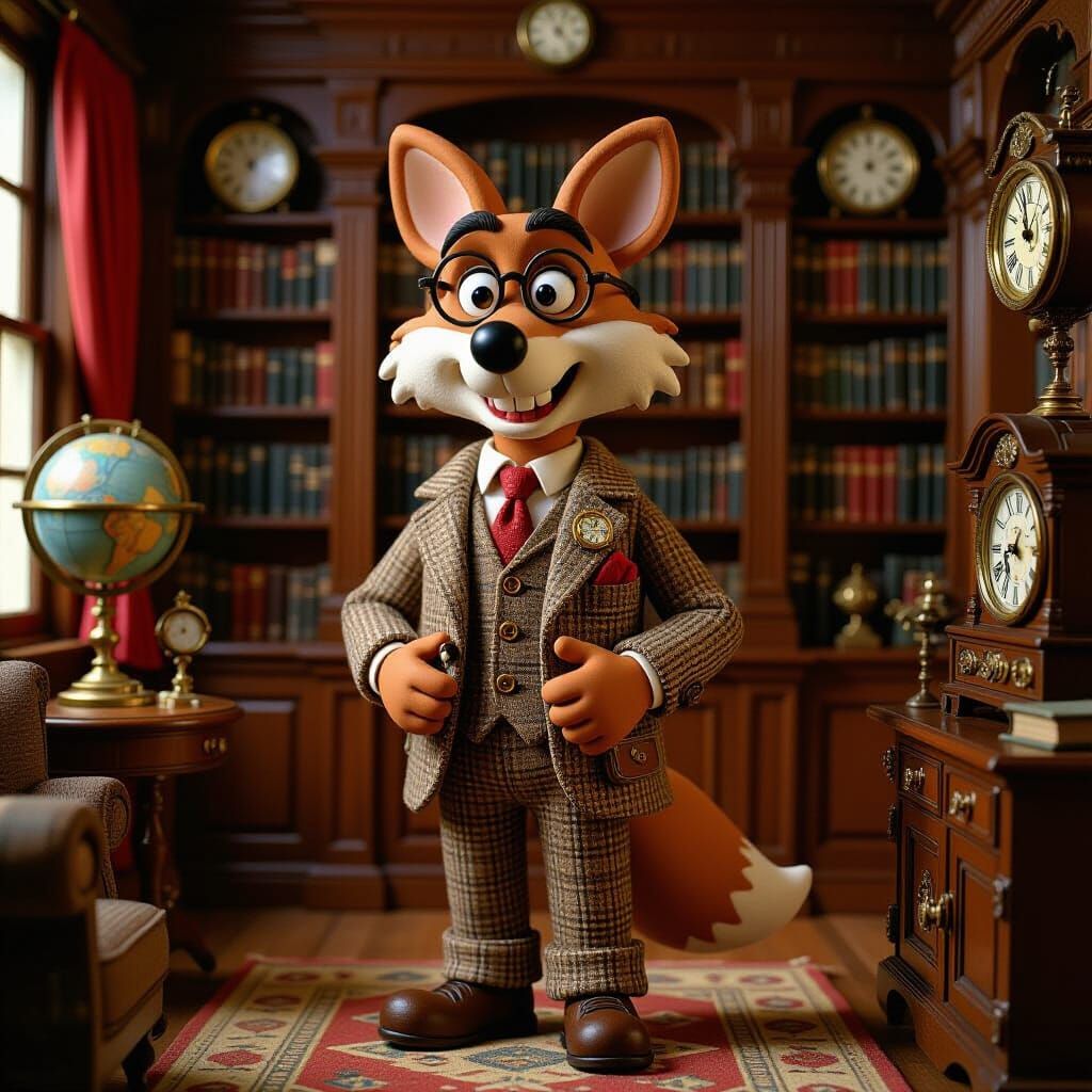 Steampunk Fox in Library, Claymation Style