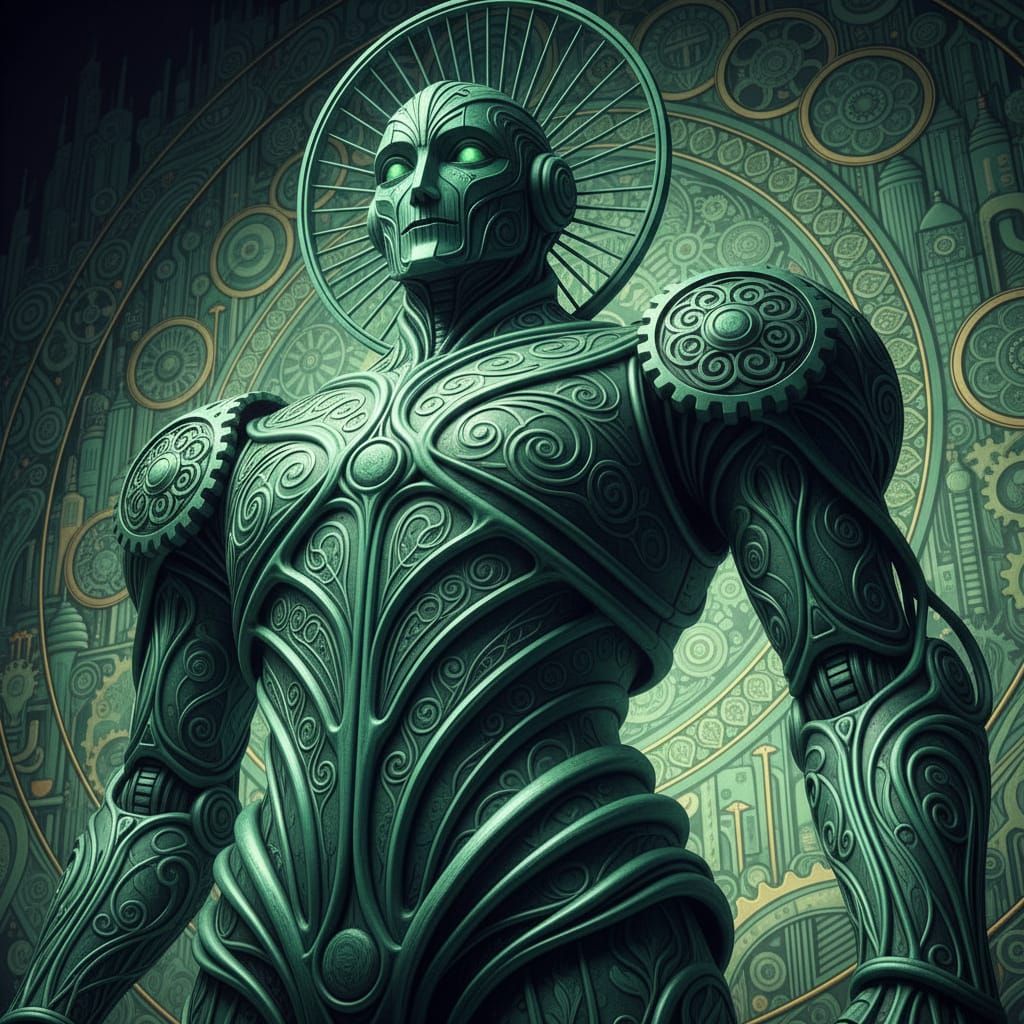 Art Nouveau Metropolis Robot in Green Hues