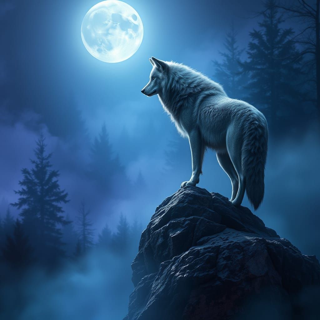 Majestic Grey Wolf Basks in Moonlit Mystique