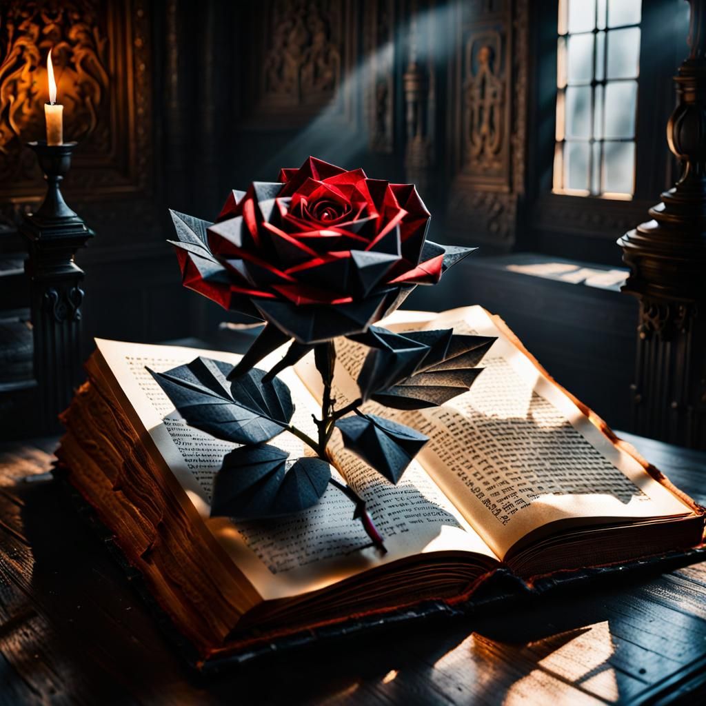 Hyperrealistic Rose Growing From Book in Castle