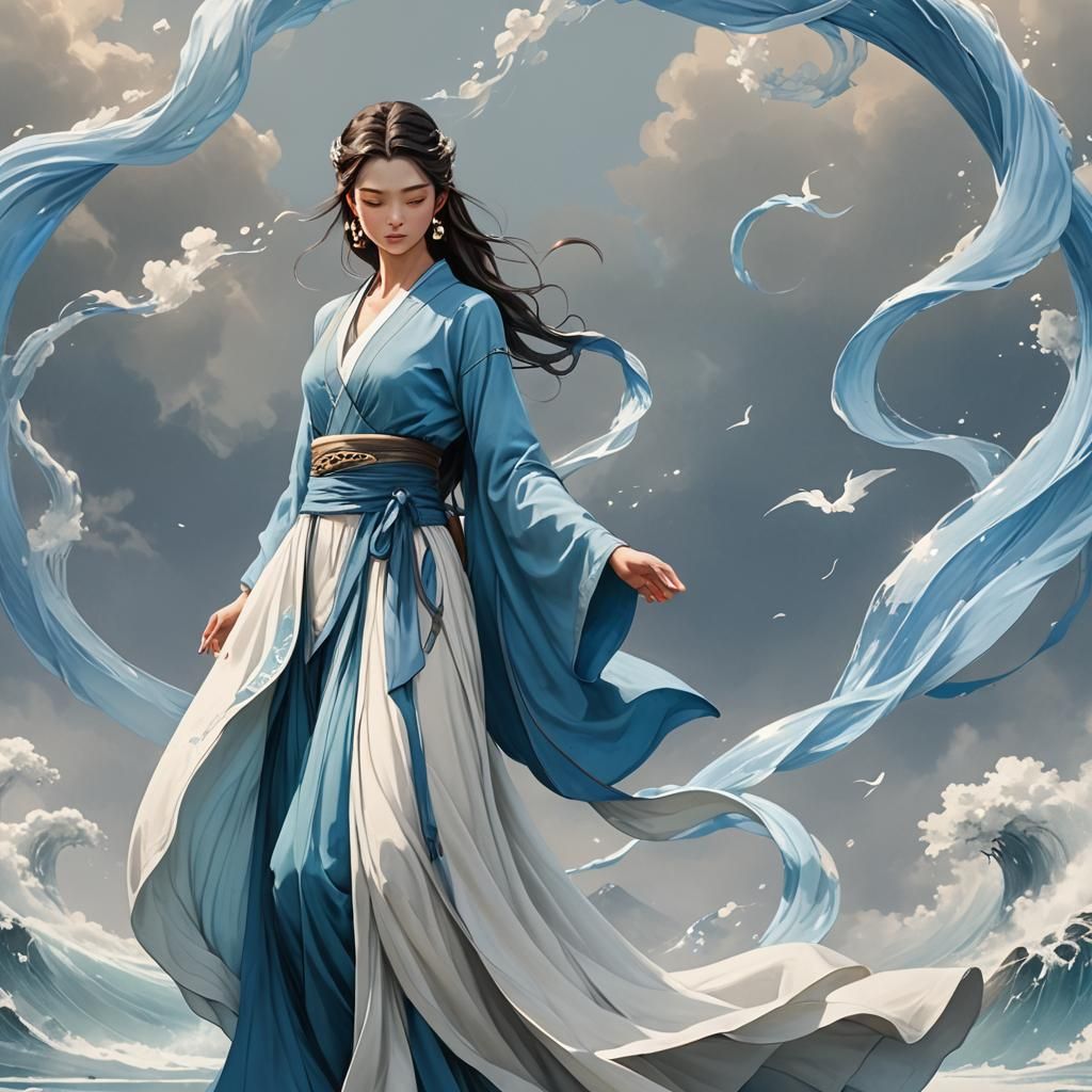 Airbending Woman in Flowing Celestial Robes