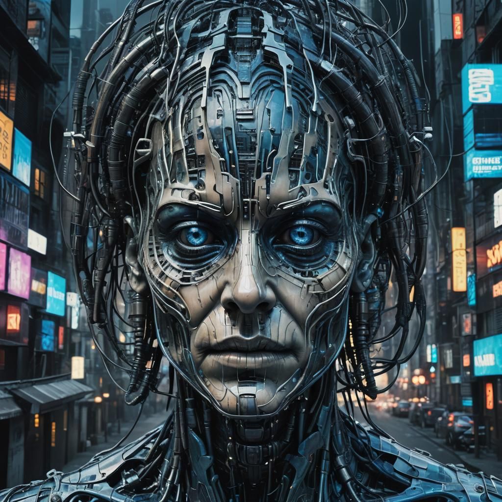 Glitching Humanoid Face in Neon Cityscape: Surreal Sci-Fi Ho...