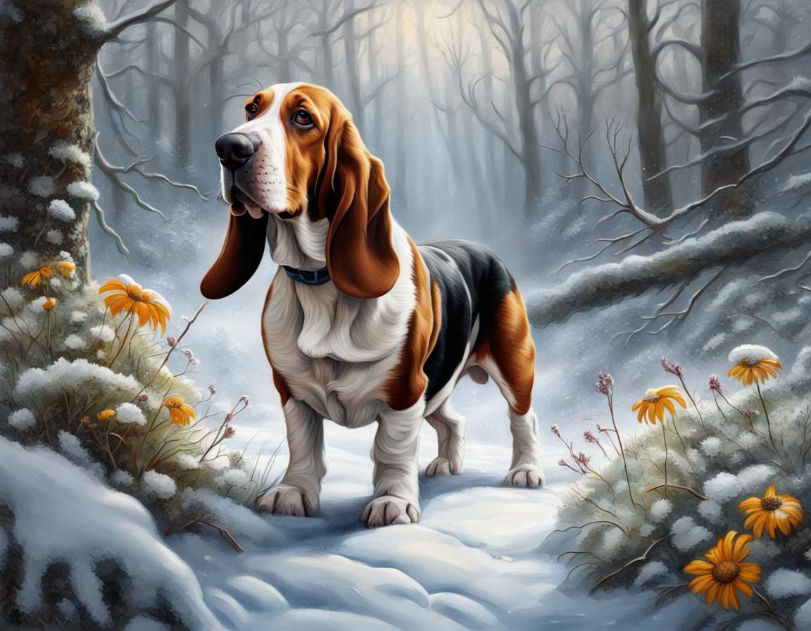 Basset Hound in Winter Forest: Oil Painting