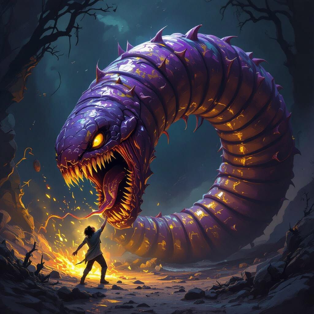 Giant Worm Devouring Human in Art Nouveau Style