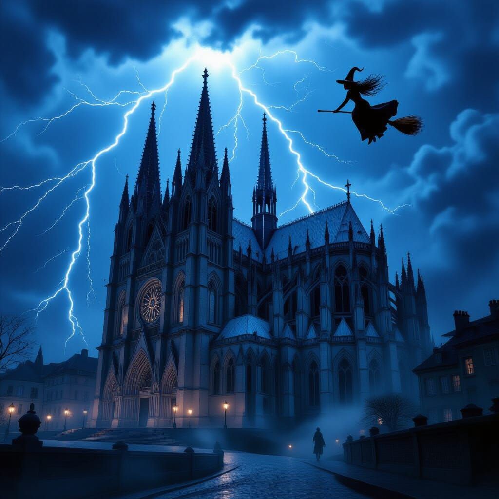 Gothic Cathedral Under Lightning Storm with Flying Witch