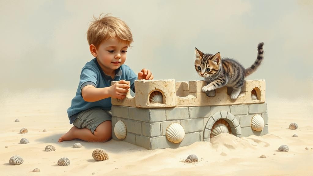 Boy's Sandcastle Ambush: Detailed Matte Painting