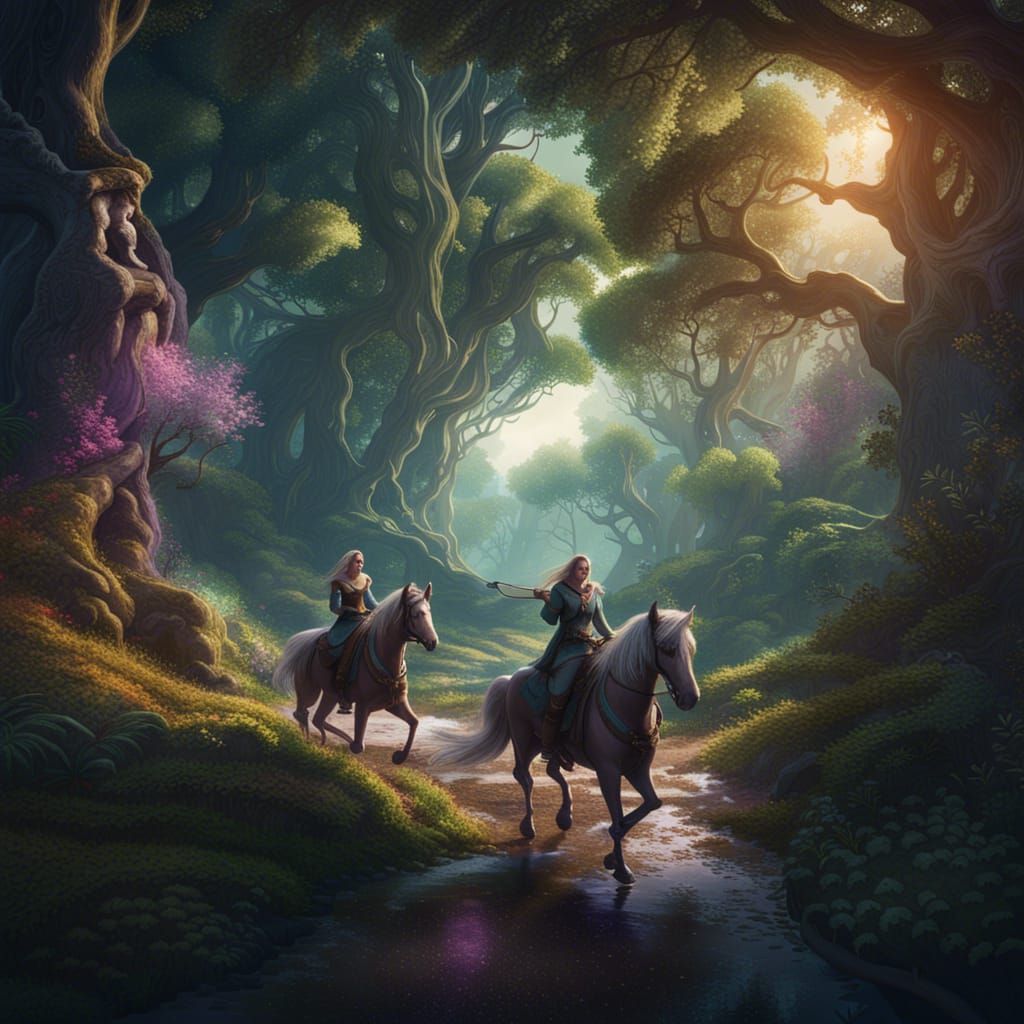 Elven Riders in Enchanted Forest: Fantasy Art