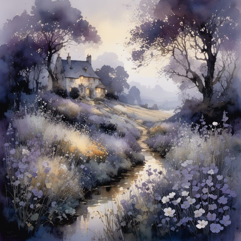 Whimsical Garden Scene in Muted Evening Hues