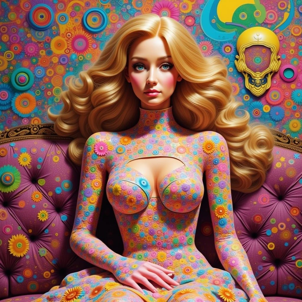 Barbie Doll in Psychedelic 1960s Living Room