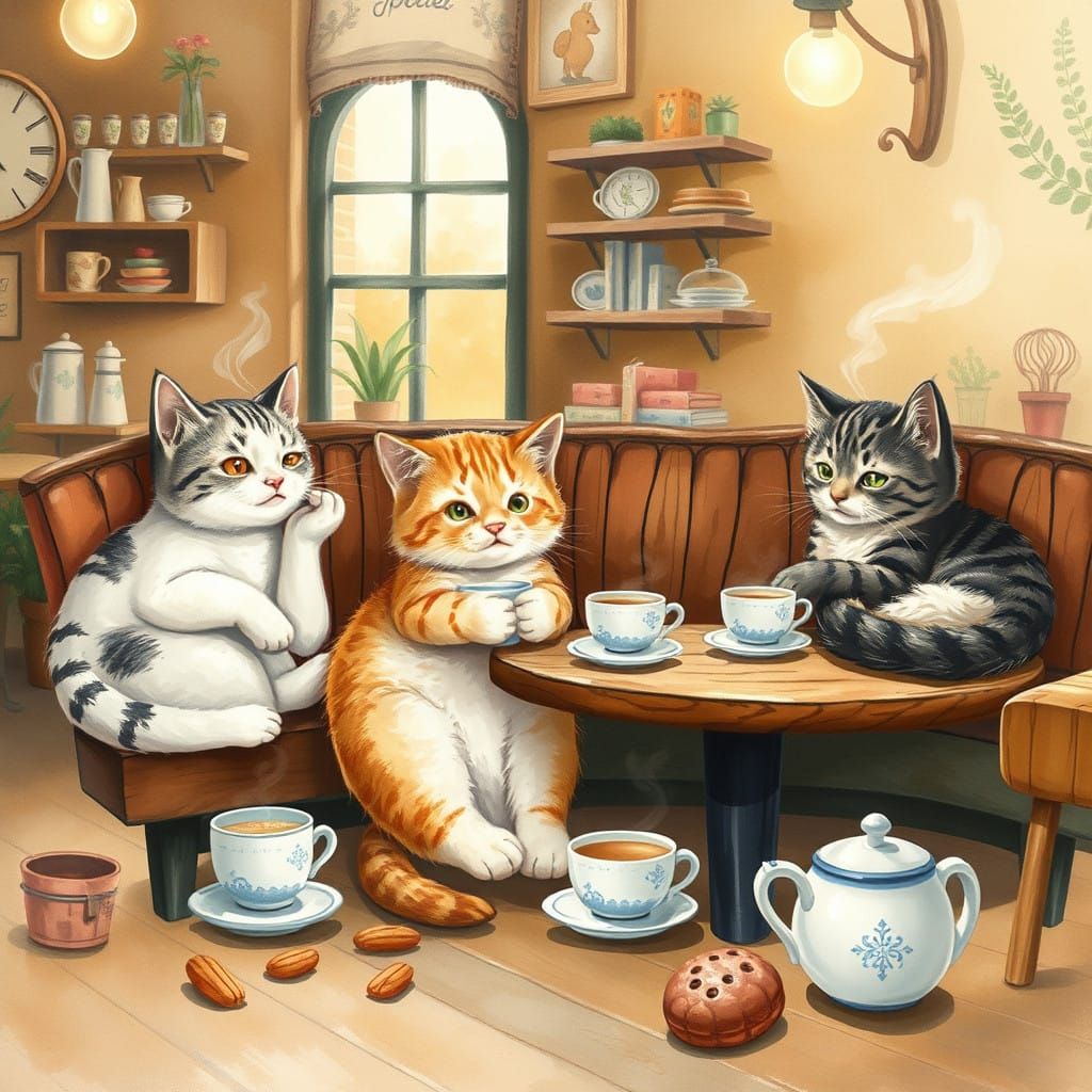 Feline Friends in a Cozy Coffee Shop