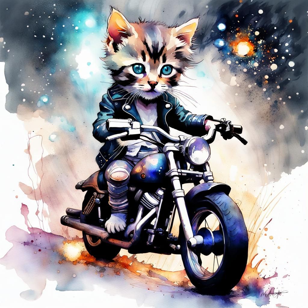 Chibi Kitten Bandit on Harley in Watercolor Style
