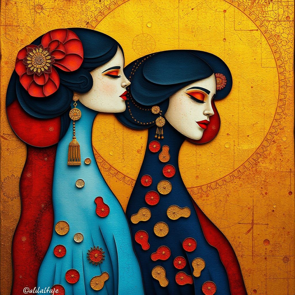 Paper People in Klimt Style with Textile Prints