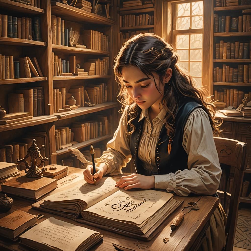 Girl Draws Letter in Cozy Classroom, Dreamlike Matte Paintin...