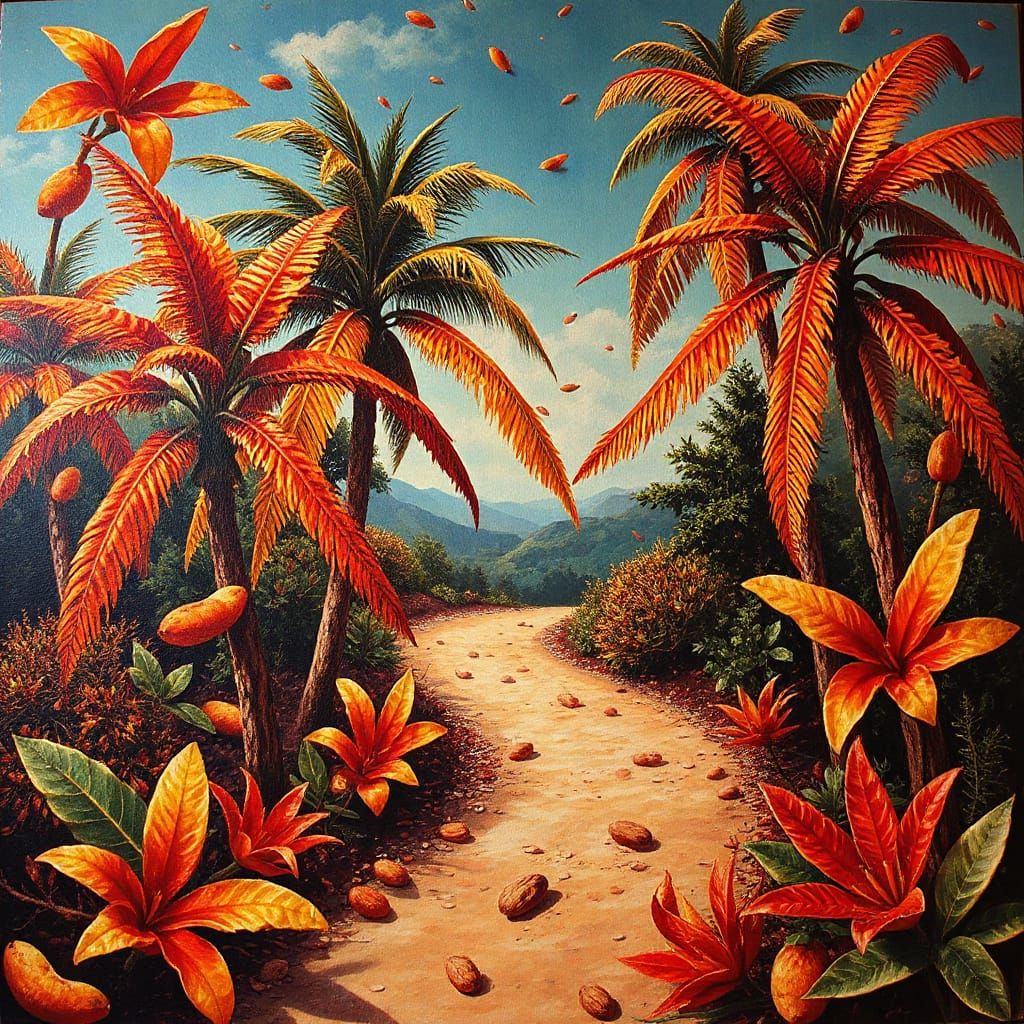 Scarlet Almond Tropical Landscape in Abstract Surreal Style