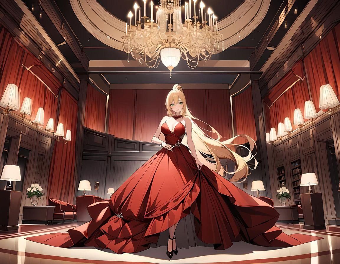 Woman in Red Gown at Hall Lounge