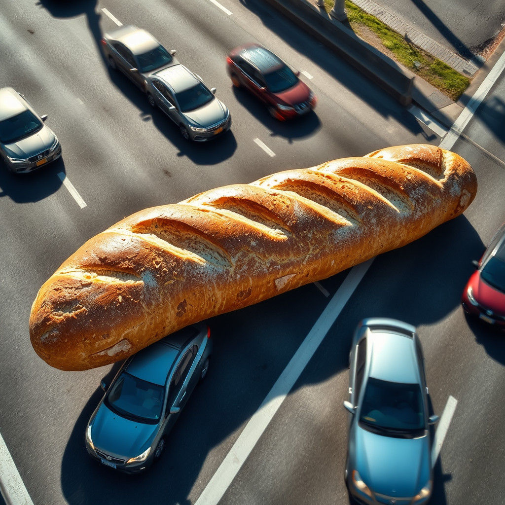 Giant Baguette Highway Hazard in Aerial Photo Style