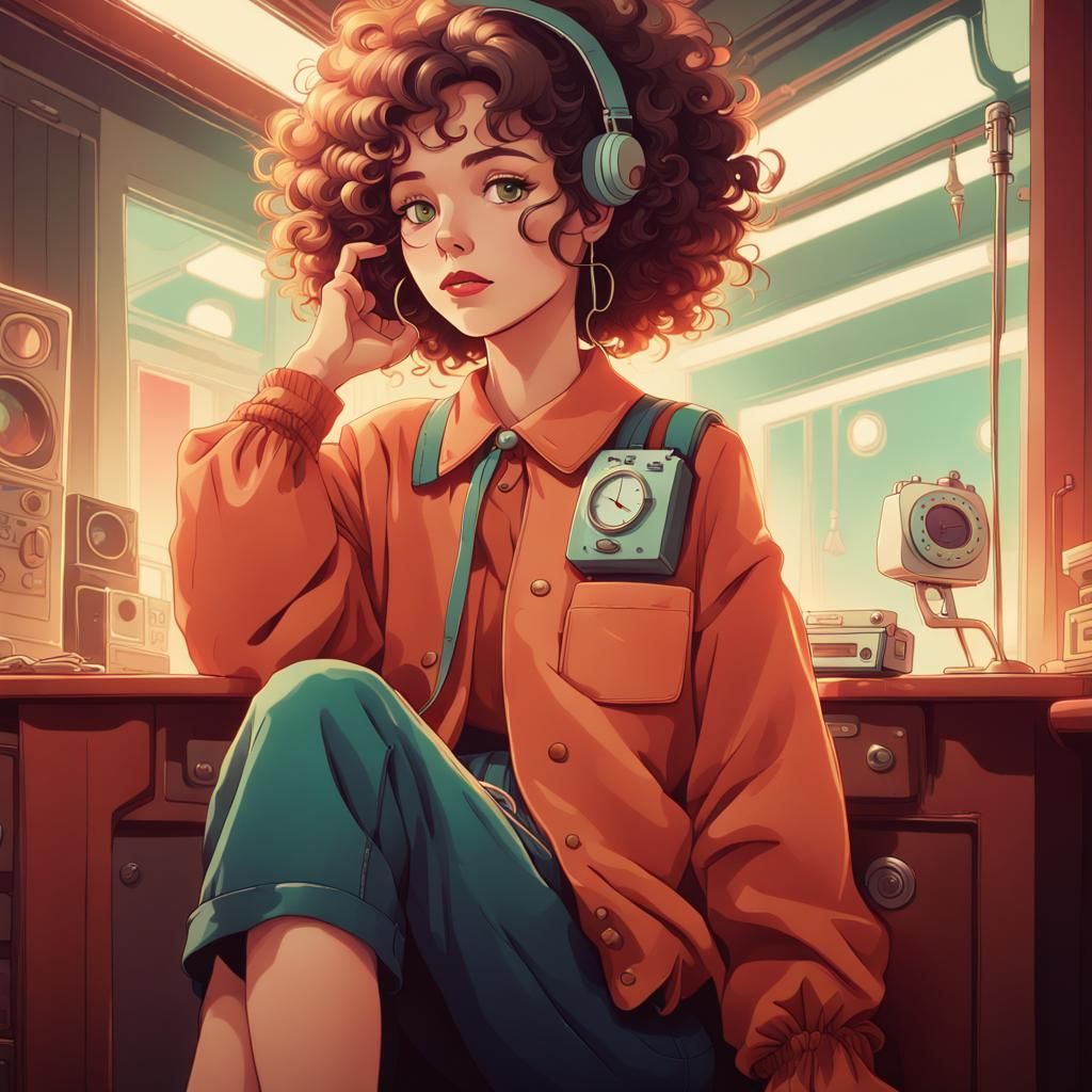 Vintage Girl with Walkman in Studio Ghibli Style