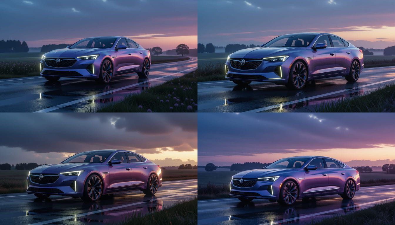 Futuristic Electric Sedan on Wet Highway at Twilight