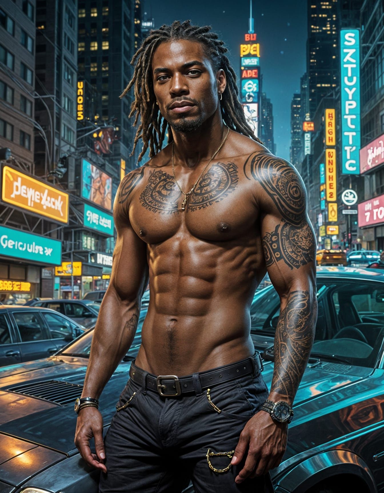 Cyberpunk Hero Leans on a Car in a City Night