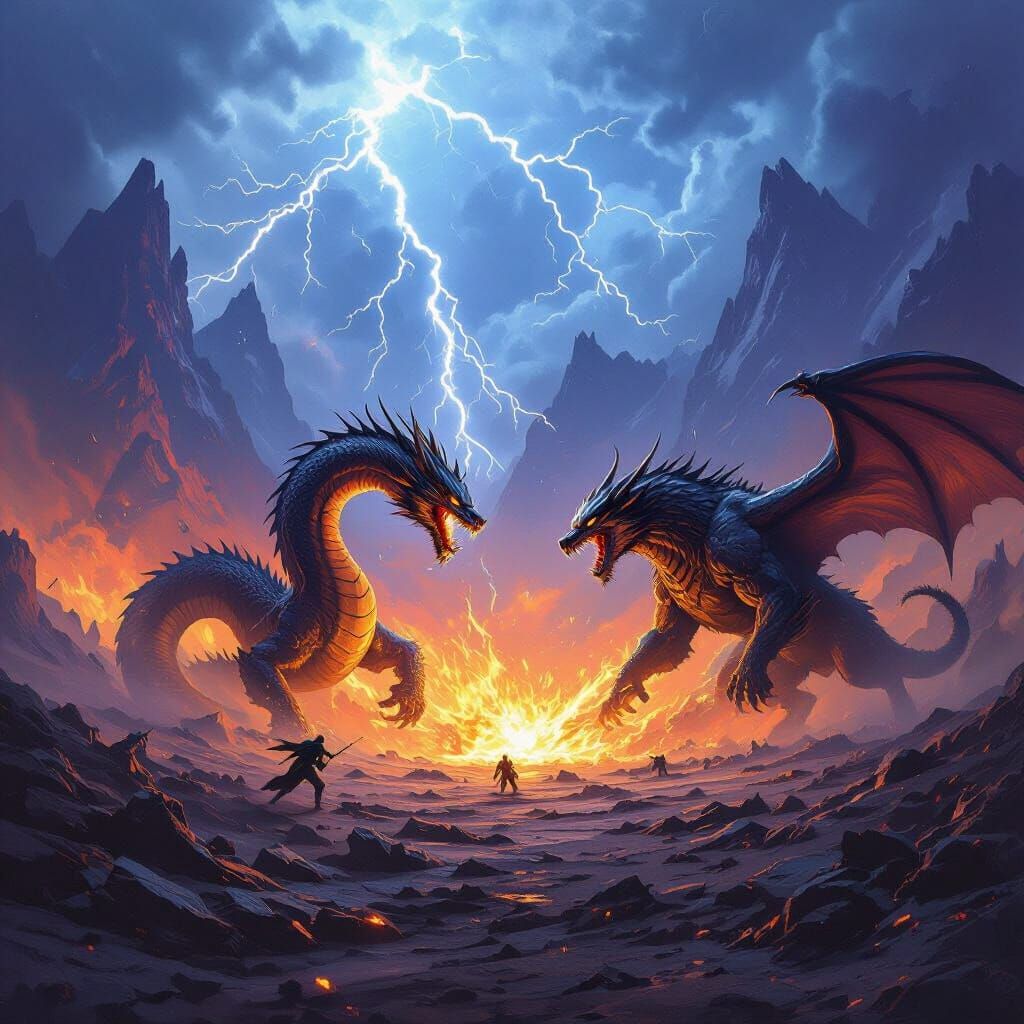 Mythical Monsters Battle in Stormy Wasteland